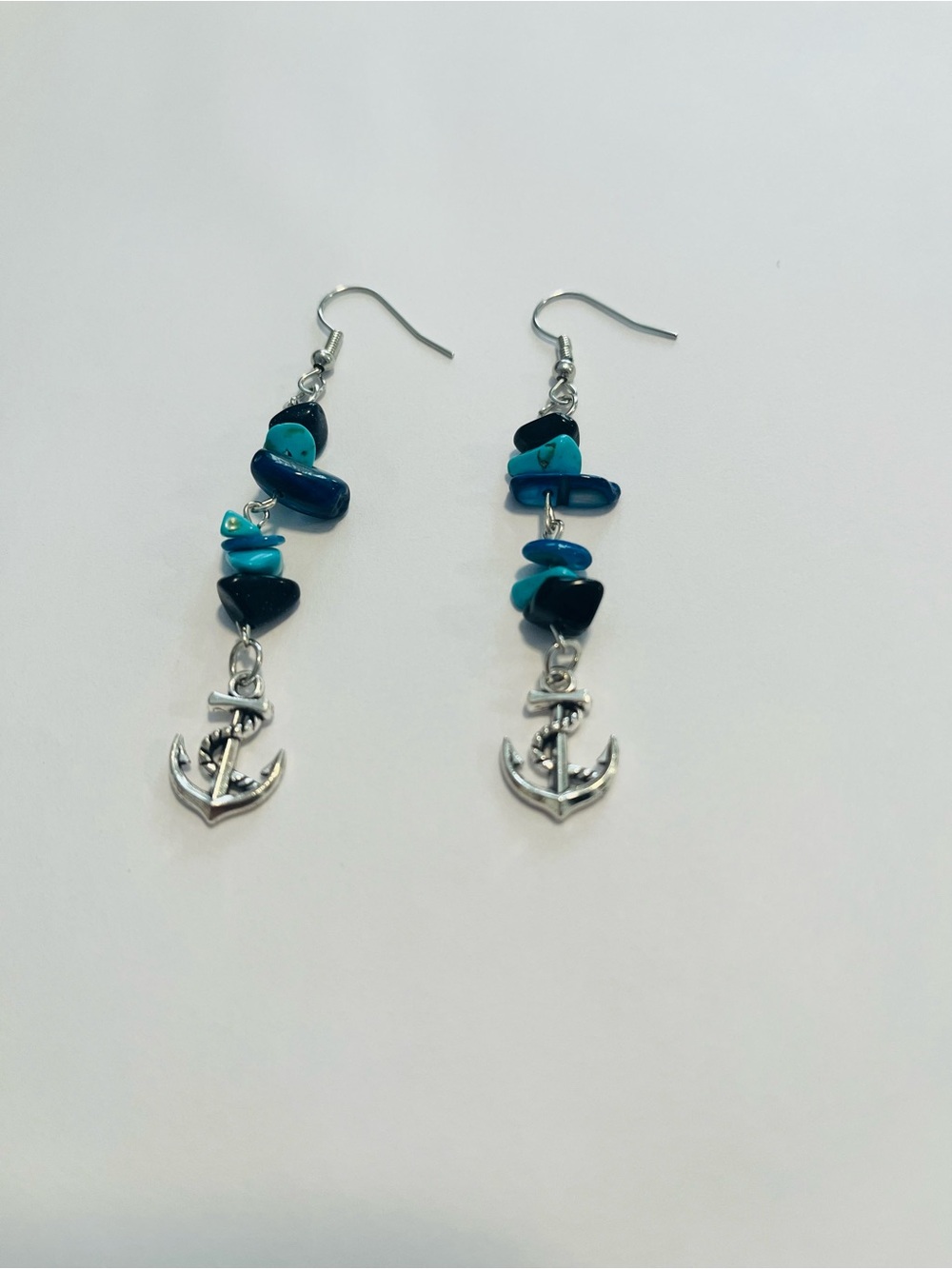 Nautical Anchor Dangle Earrings Turquoise Navy Silver Handmade - Picture 2 of 3